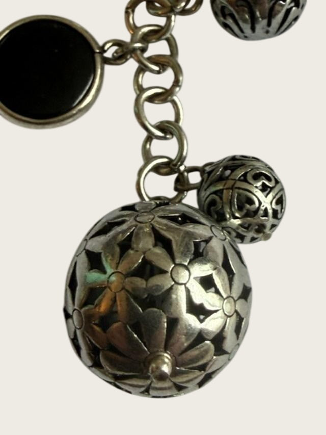 Silver Tone Black Cabochon Filigree Ball Y Drop Toggle Necklace 17in