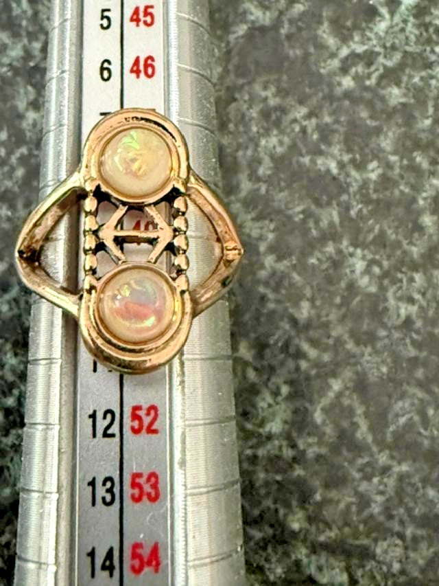 Vintage Gold Tone Double Faux Opal Cabochon Openwork Ring Size 5