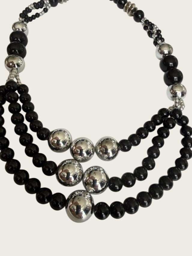 Vintage chunky silver & Black Bead 3 Strd Necklace 22 inches