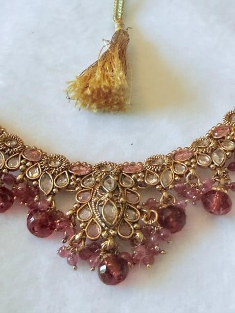 Pink Kundan Style Bib Necklace Gold Tone Beaded Drops Adjustable Tassel