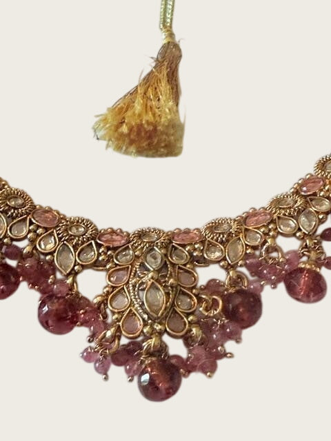 Pink Kundan Style Bib Necklace Gold Tone Beaded Drops Adjustable Tassel