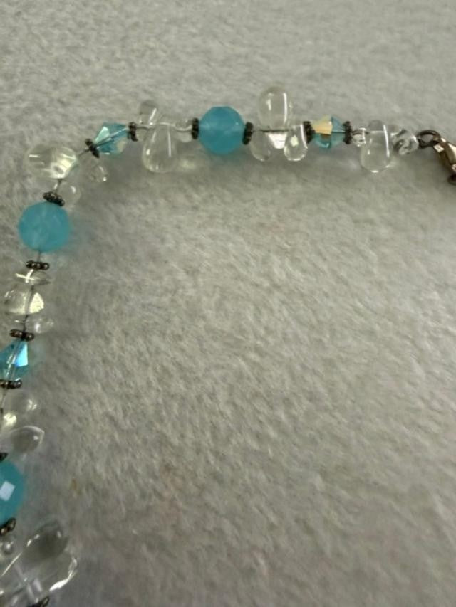 Handmade Aqua Glass Teardrop Pendant Necklace Clear Glass Crystal Beads 17"